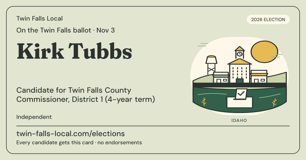 Kirk Tubbs, Twin Falls County Commissioner, District 1 (4-year term), November 3, 2026 — Twin Falls Local candidate card