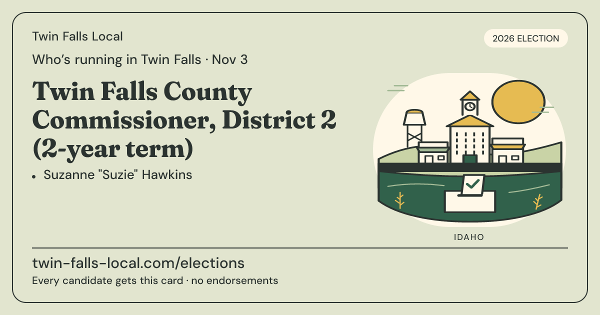 Twin Falls County Commissioner, District 2 (2-year term), November 3, 2026 — Twin Falls Local race card
